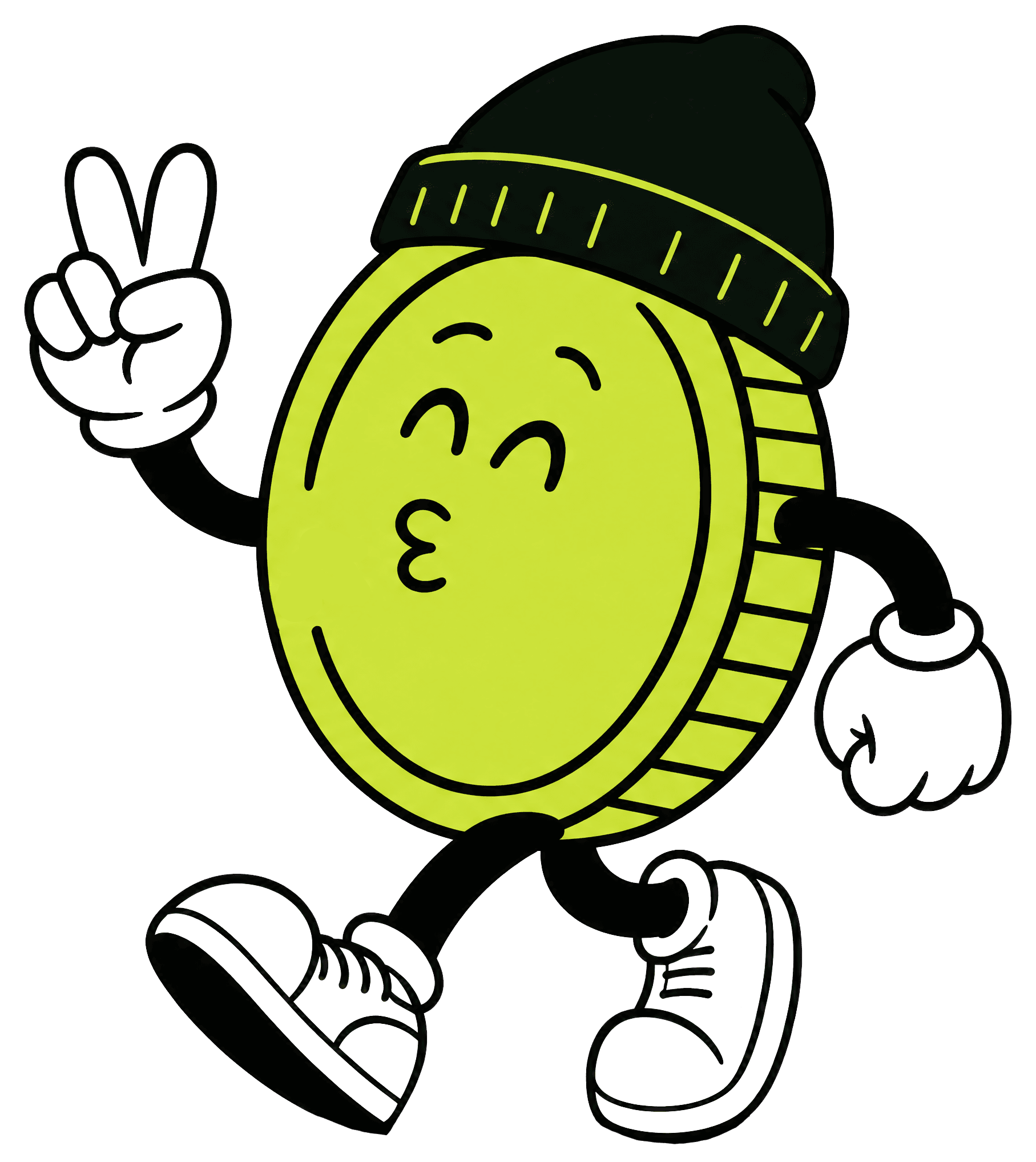Vrolijke kwikk-muntmascotte met muts die peace tekent en voorbij loopt
